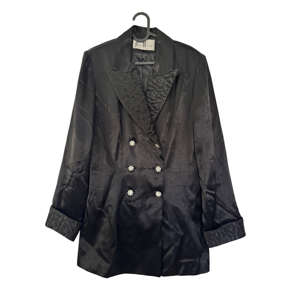 Sue Wong Vintage Black Satin Blazer Embroidered Floral Rhinestone Buttons M